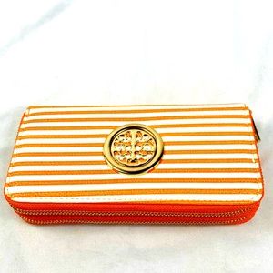 Orange and white double zipper wallet
